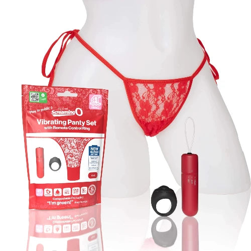 red remote control panty vibe with red bullet vibrator and ring remote control - features exterior packaging in red and white