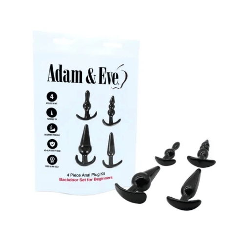 4 black butt plugs next to white and black packaging