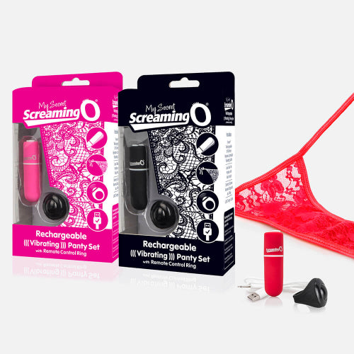 pink and black panties in package with red lace panties, bullet vibrator and remote ring next to packages