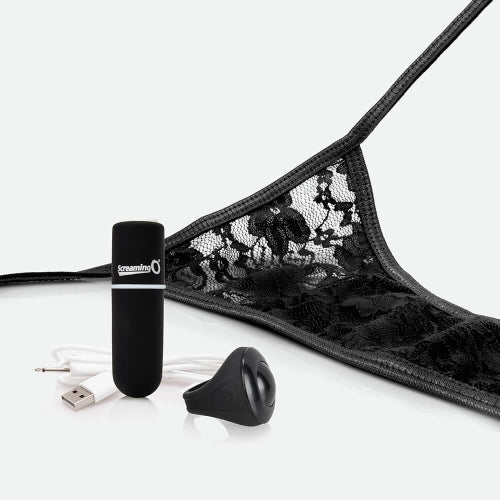 black lacy panty with black bullet vibrator, remote control ring and usb charger