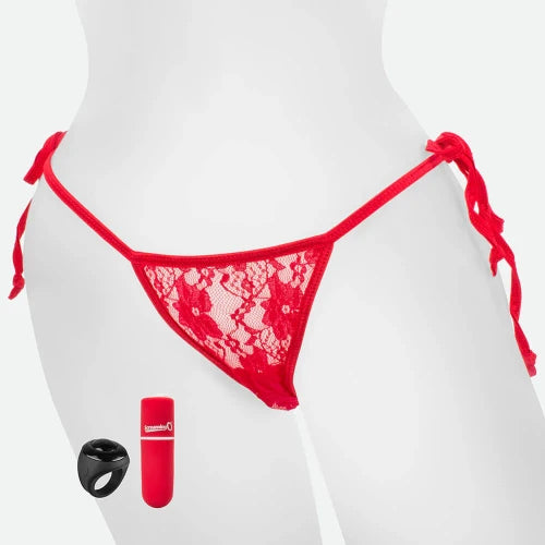 red lacy panties on mannequin with bullet vibrator and remote control ring