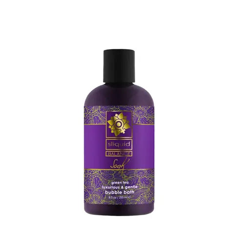 Soak Bubble Bath in bottle with purple label and black cap - Green Tea