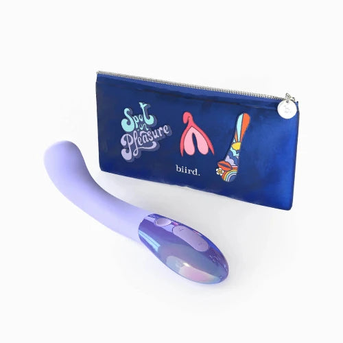 Lilac Gii Glow vibrator next to purple zipper pouch