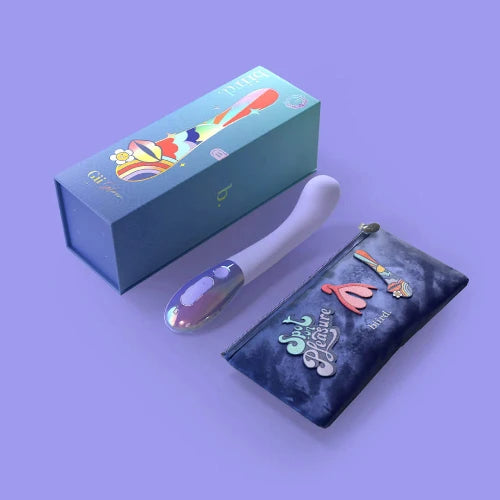 Lilac Gii Glow vibrator next to teal and purple box and purple storage pouch