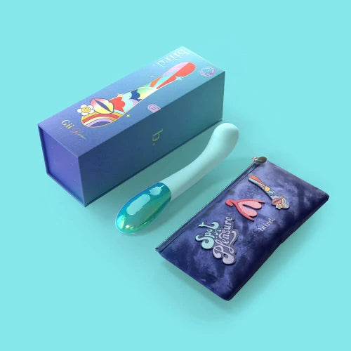Mint color Gii Glow vibrator with blue box and blue storage pouch