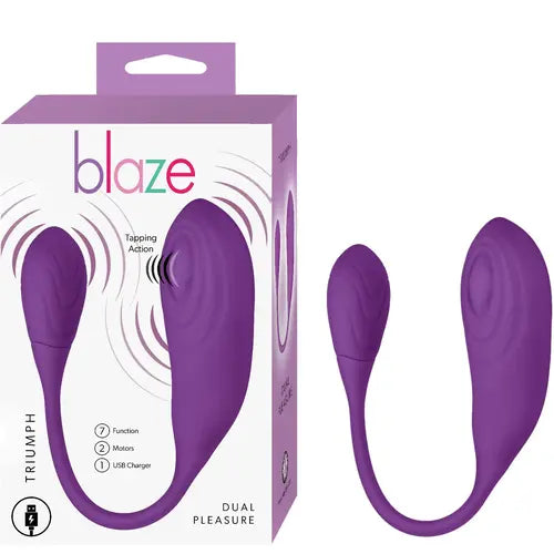 Blaze Dual Pleasure Vibrator purple and white box on the left with purple vibrator on the right