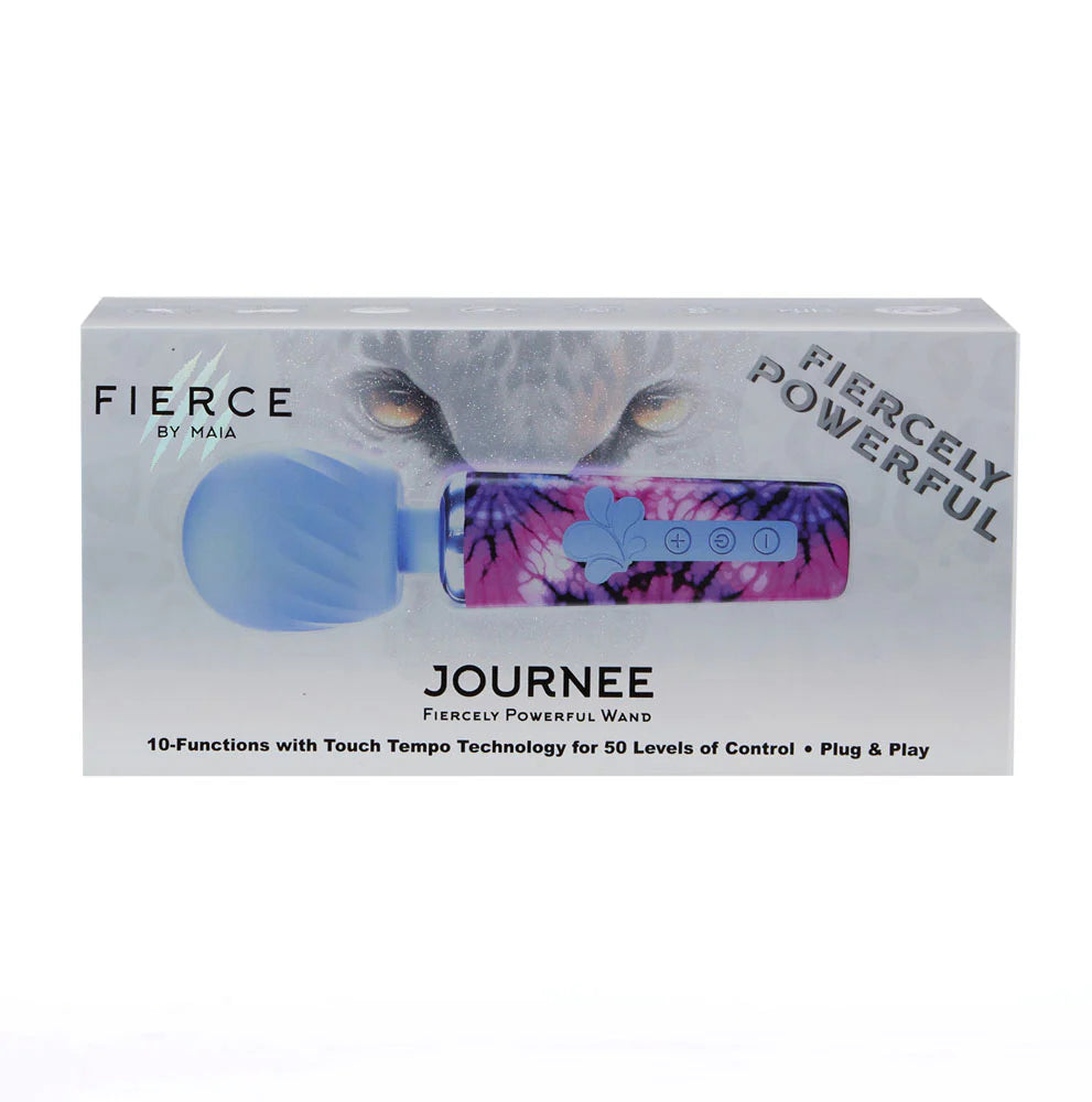 JOURNEE mini vibrator - packaging - silver box that says "Fiercely Powerful" with image of purple vibrator