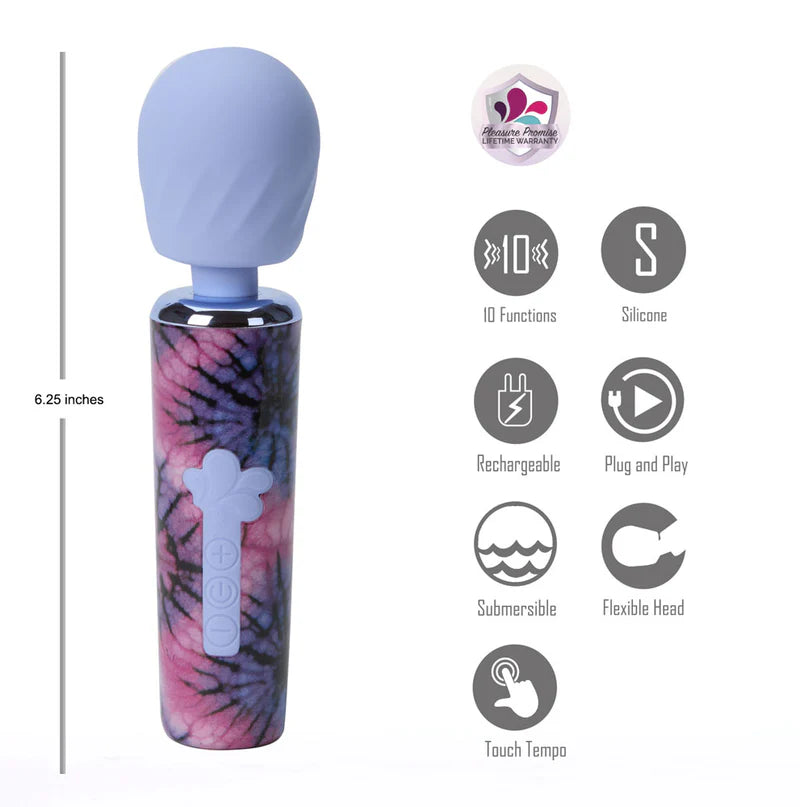 JOURNEE mini vibrator - purple tip with tie dye handle and product details