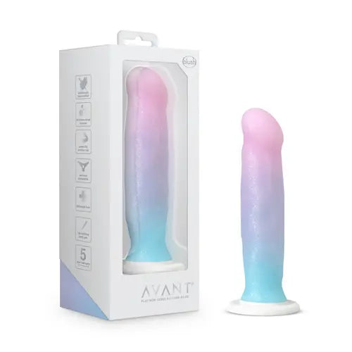 Avant Lucky Rainbow Dildo - white box on left with rainbow dildo on right