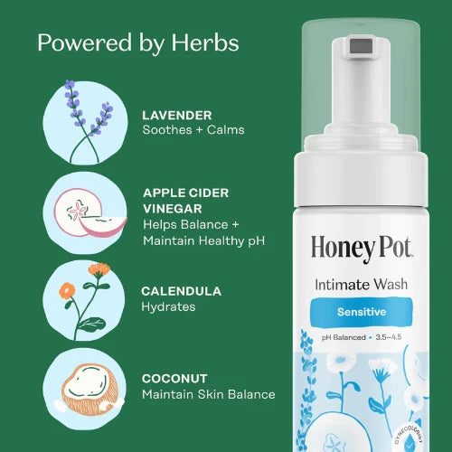 Honey Pot Intimate Wash bottle with ingredients listed on a green background