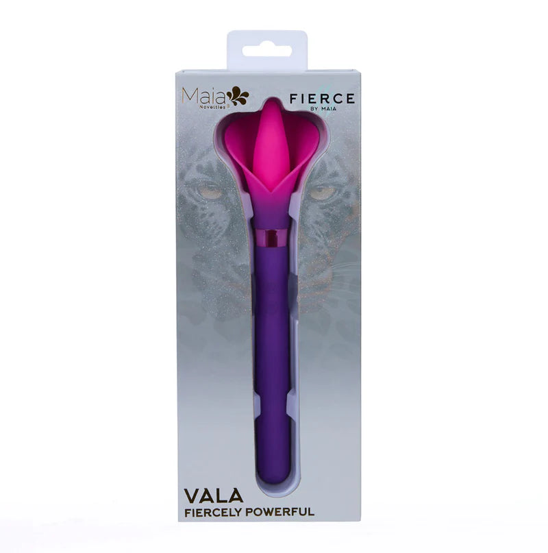 VALA flower vibrator - purple toy with pink in silver package with fierce jaguar eyes