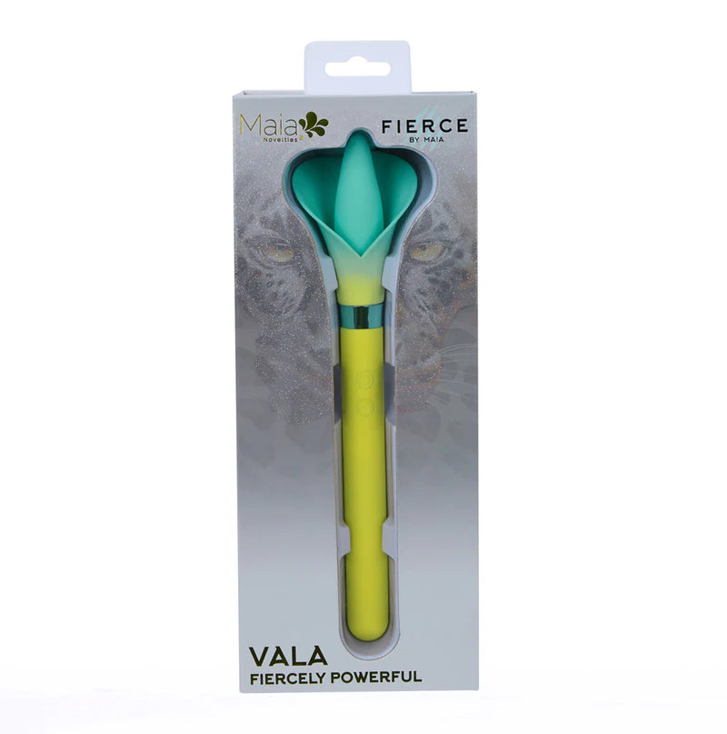 VALA yellow flower vibrator in silver box that says "Fiercely Powerful"
