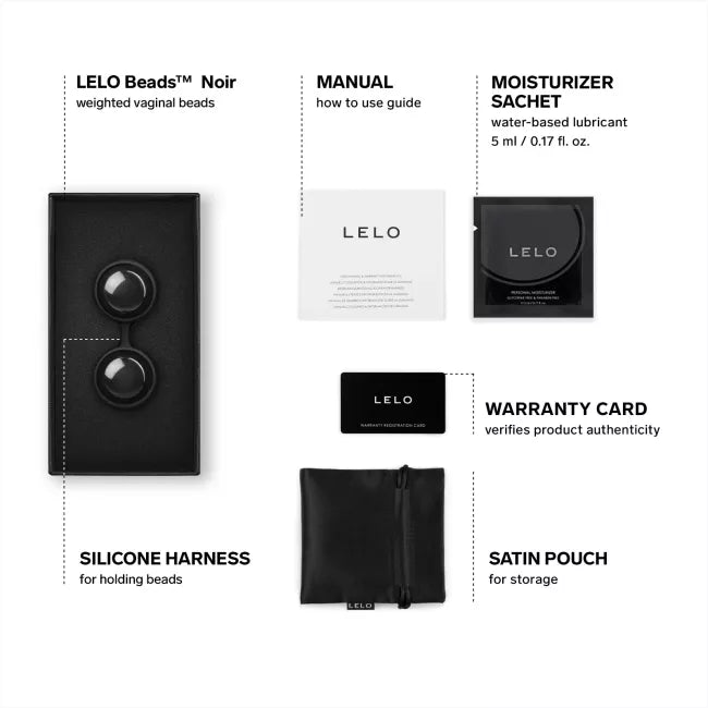 LELO Beads Noir - comes with manual, moisturizer sachet, warranty card, silicone harness, satin pouch