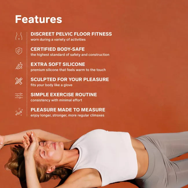 LELO Beads Noir - orange graphic with features listed and woman lying at the bottom of graphic