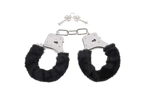 Black furry handcuffs with metal clasps against white background