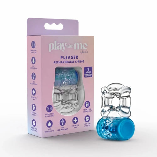 blush blue pleaser vibrating ring with pink package