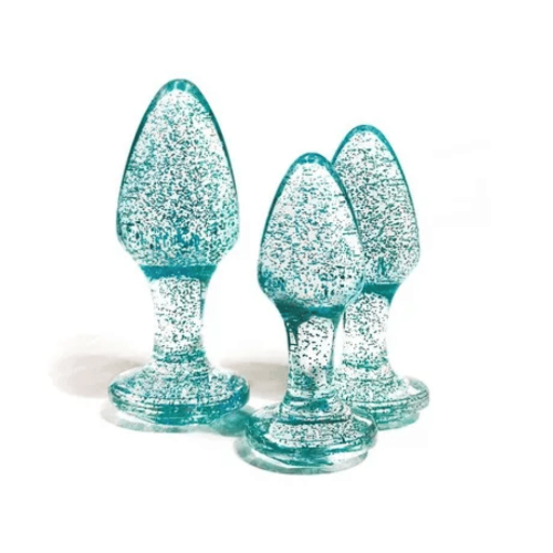 three blue glitter butt plugs against white background - varying sizes