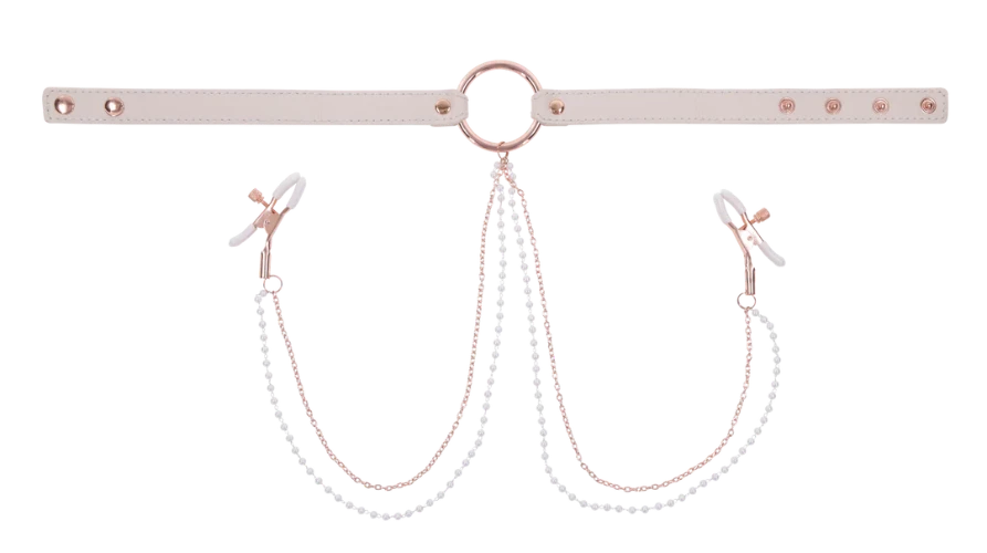 peach collar with pearl chains and nipple clamps against white background