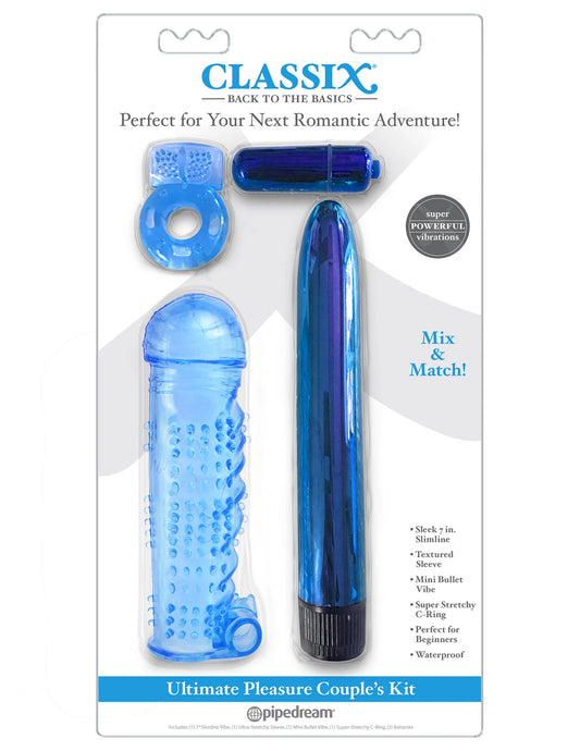 Classix sex toy kit in package - features vibrator, bullet vibrator, cock ring, and sleeve - blue
