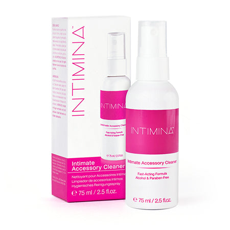 Intimina cleaner spray - pink and white box on left and pink and white spray bottle on right