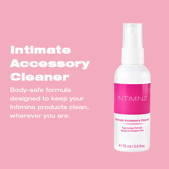 Intimina cleaner spray - white and pink bottle against pink background