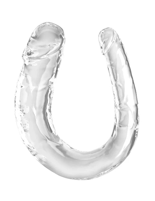 Clear King Cock double ended dildo 13 inch in a u-shape against white background