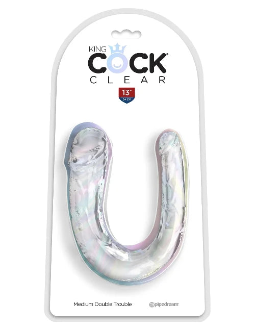 Clear King Cock double ended dildo 13 inch in a u-shape in white packaging against white background