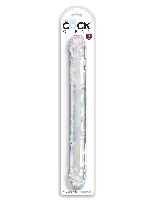 Clear double ended dildo in white packaging against white background