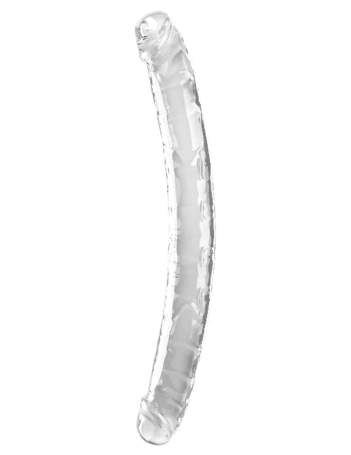 Clear double ended dildo against white background