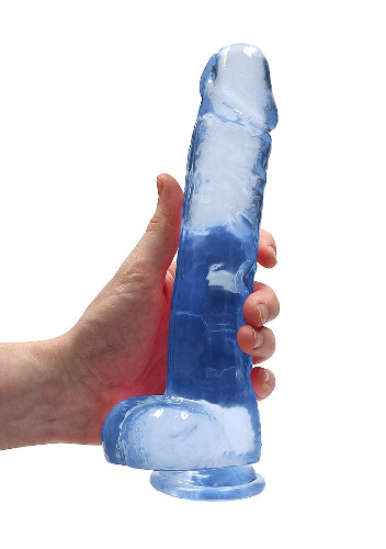hand cradling crystal blue dildo