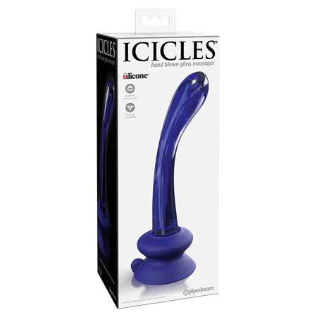curved icicle glass blue dildo in white and black package