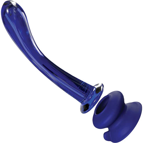 curved icicle glass blue dildo with removable base against white background