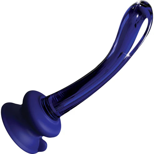 curved icicle glass blue dildo with removable base against white background