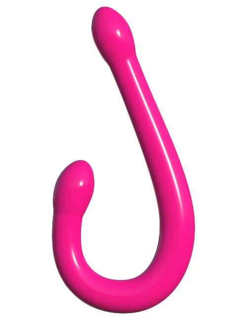 Pink Double Whammy double ended dildo shaped like a "J" against white background