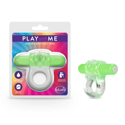 play with me cock ring - blush - in pink and blue package on left, toy on right