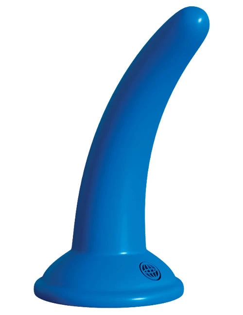 blue slim dildo against white background