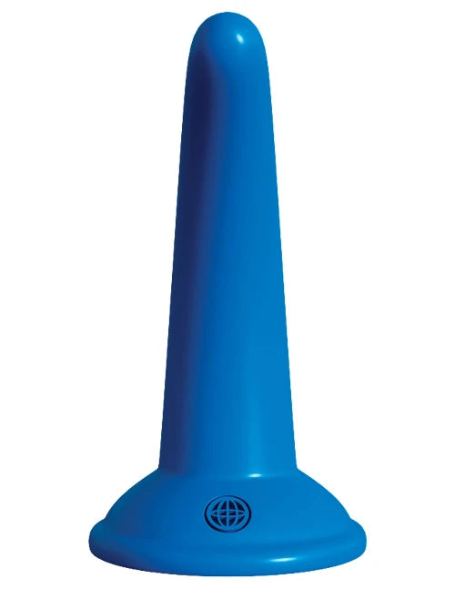 blue slim dildo against white background