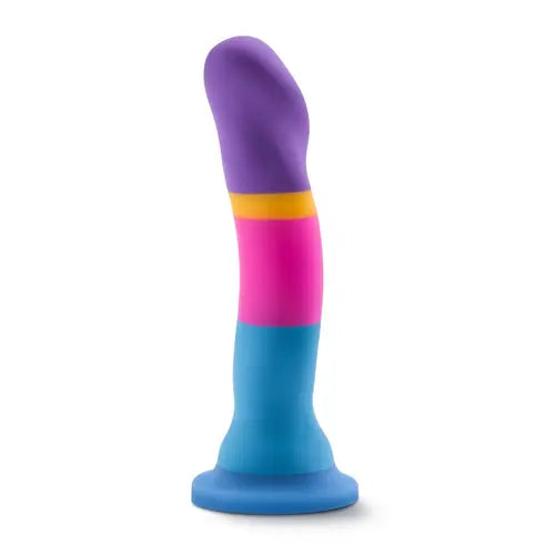 hotncold purple, gold, pink, and blue dildo against white background