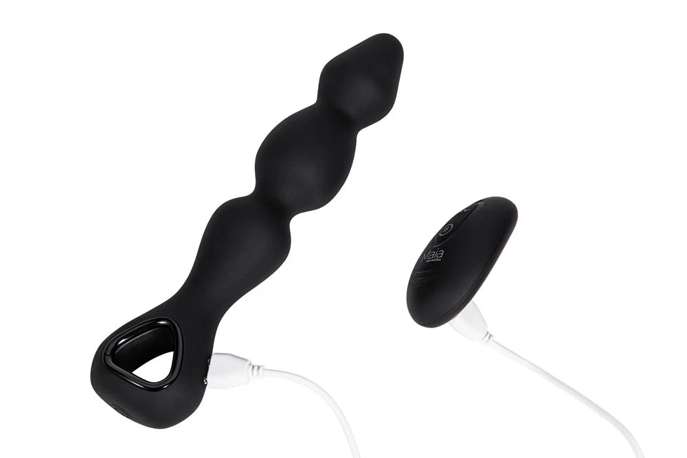 HUDSON black beaded butt plug with remote control with charging cable plugged in