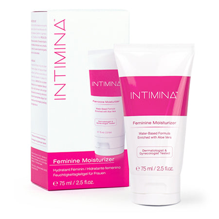 Intimina feminine moisturizer - white and pink box on left with white and pink bottle on right