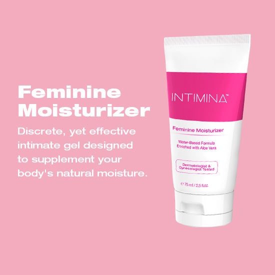 Intimina feminine moisturizer - white and pink bottle against pink background with product details