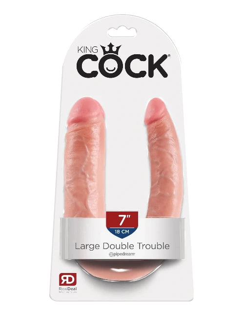 king cock realistic 7 inch double dildo in white packaging against white background
