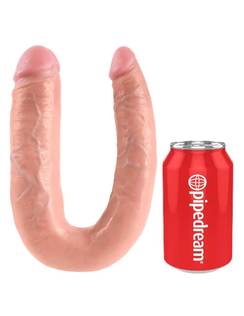 king cock realistic 7 inch double dildo next to soda can for size reference