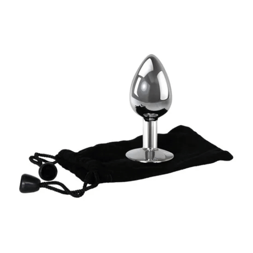large metal butt plug on black storage bag