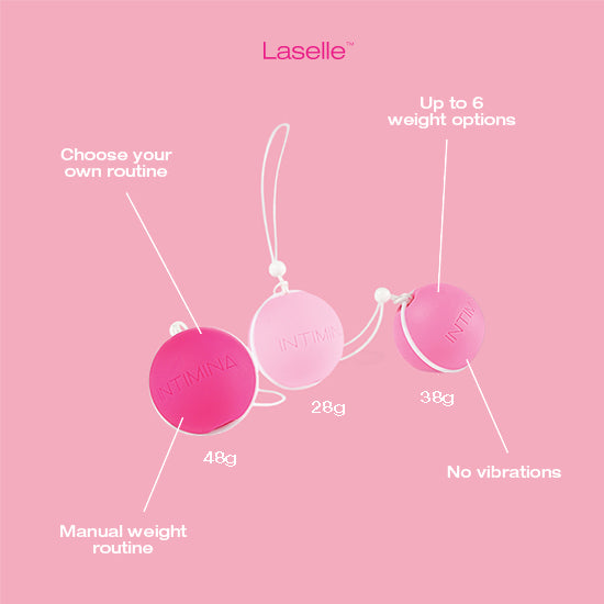 INTIMINA LASALLE Kegel ball set - pink Kegel balls against pink background with product details