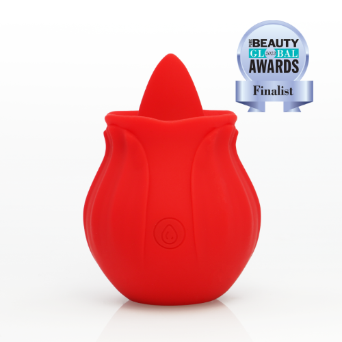 red rose toy against white background with badge that says global beauty awards finalist