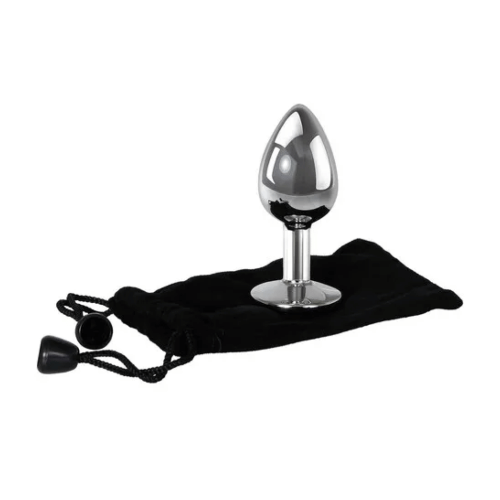 medium metal butt plug on top of soft black storage bag