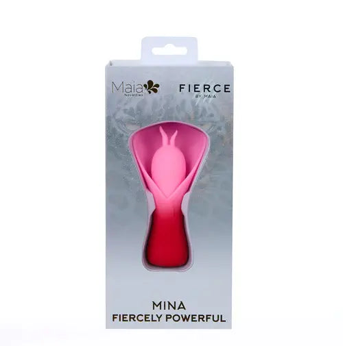 MINA red fluttering vibrator in silver package that says "fiercely powerful"