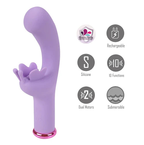 myla lavender vibrator on the left and product details on the right