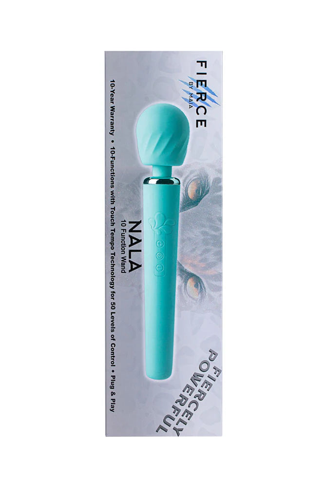 NALA blue wand vibrator package that says "Fiercely Powerful"